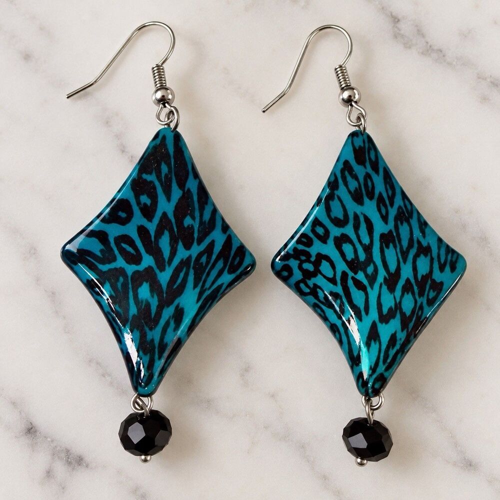 Teal Animal Print Dangle Earrings Black Glass Bead Silver Tone Artisan Boho